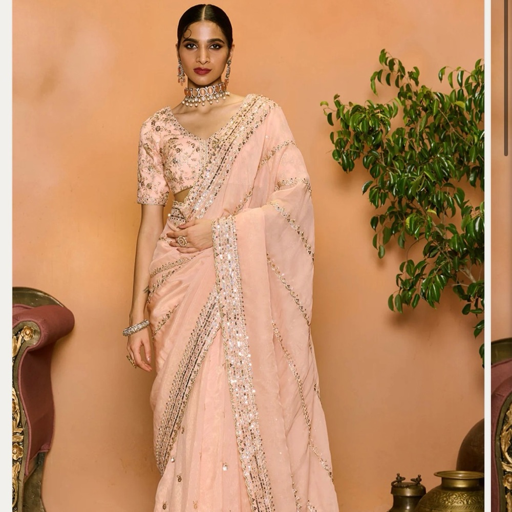 LASHKARAA Blush Embroidered Net Saree